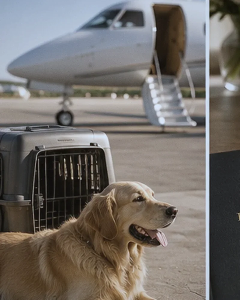 Golden retriever junto a su transportín antes de un vuelo privado — The Luxury Pet Travel