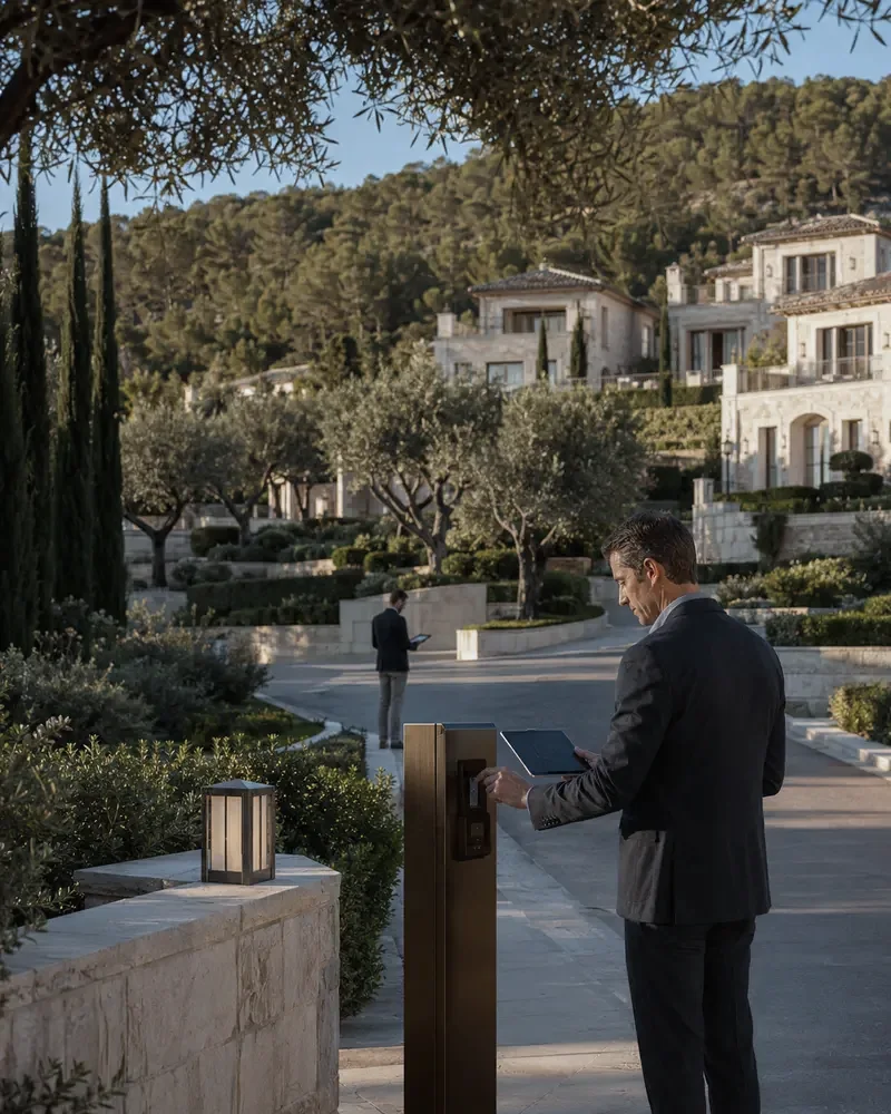 Responsable con tableta ante el control de accesos de una urbanización con villas