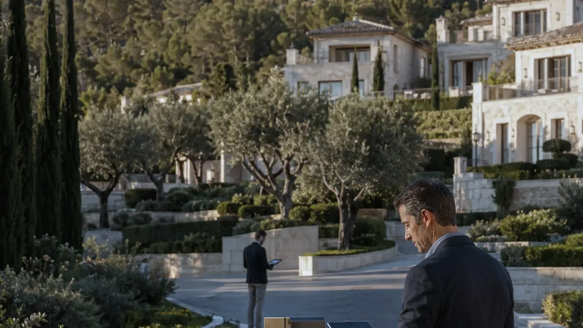 Responsable con tableta ante el control de accesos de una urbanización con villas
