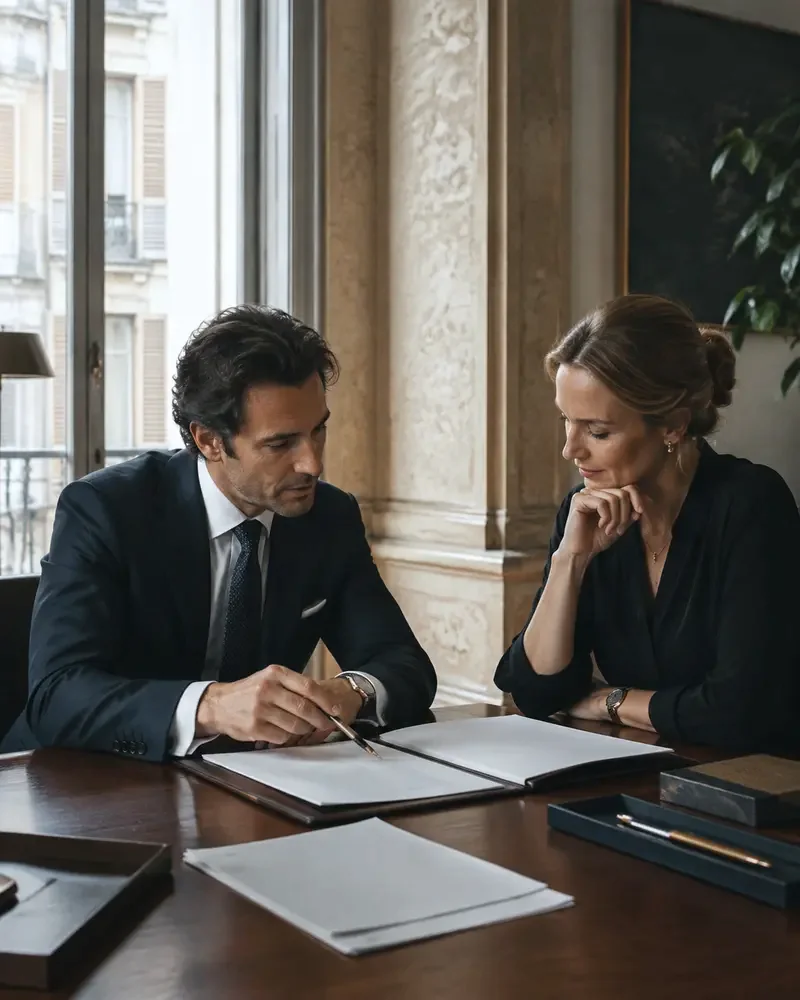 Dos personas revisando documentos sobre una mesa de despacho junto a un ventanal